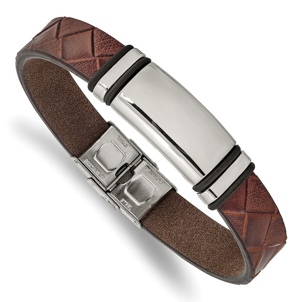 Kazi Luxury Stainless Steel Polished Brown Faux Leather w/ Black Rubber ID